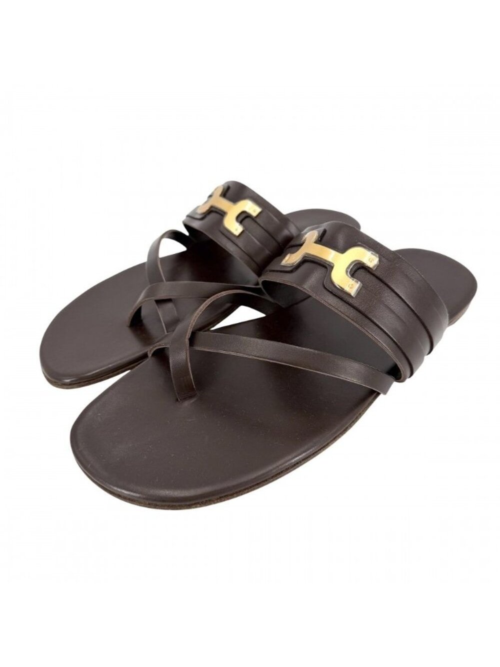 Hermes Sandals Flat Shoes Leather Brown Gold Spring Summer 41.5
